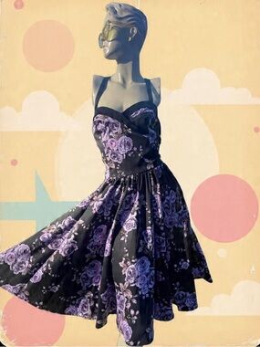 Pinup Couture Black Midi Swing Dress with Purple Rose Print